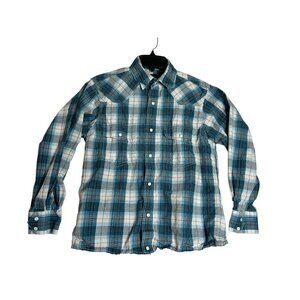 RU Rodeo L/S Blue Plaid Pearl Snap Shirt Mens Small